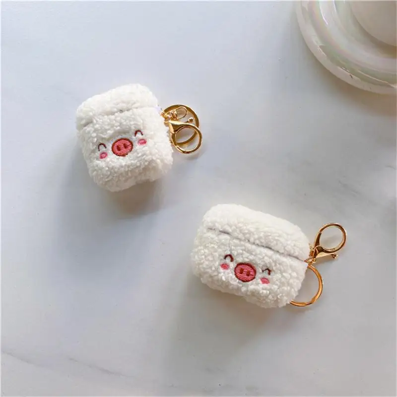 Lovely Cute Pink Pig Fluffy Fur Earphone Case Soft Plush Cover With Keychain Wireless Charging Box ﻿