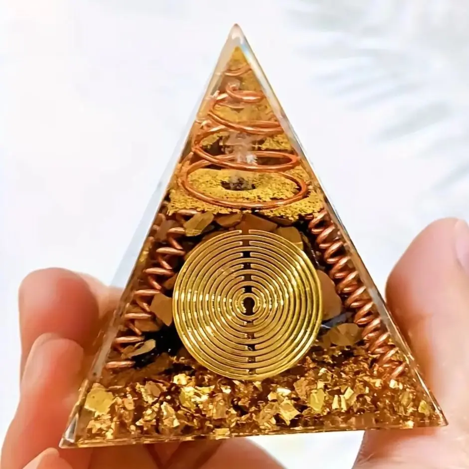 Pirámide de Orgón de Cristal con Piedra Ojo de Tigre, Espiral de Cobre y Decoración de Piedras de Resina de Colores, Potenciador Espiritual Dorado y Marrón