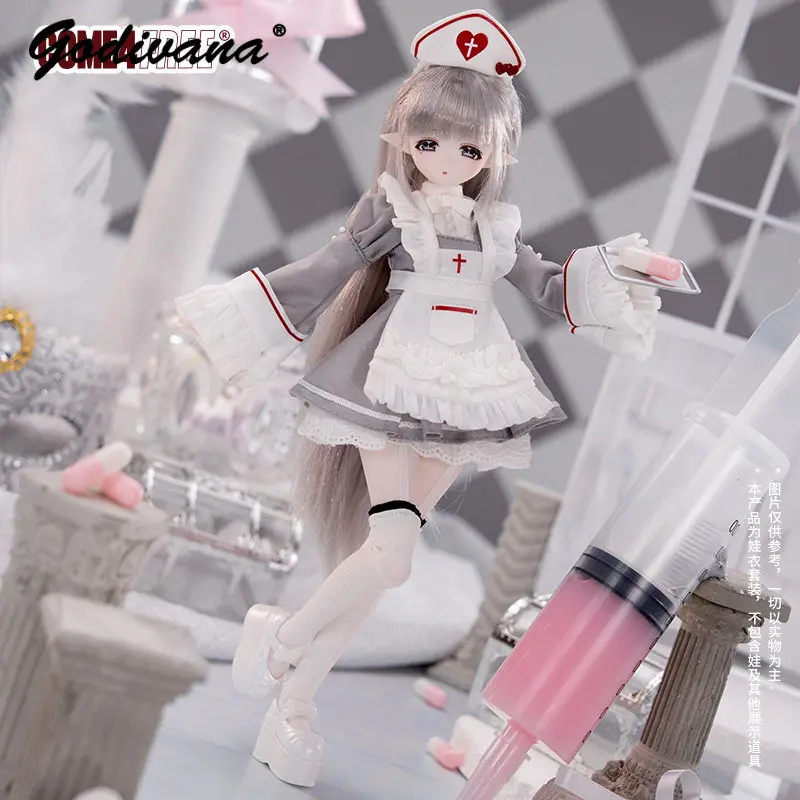 Sweet Nurse Style 1/6 BJD Doll Outfit Red Cross Headband with Ruffled Apron Flare Long Sleeve Dress Lace Trim Doll Clothes
