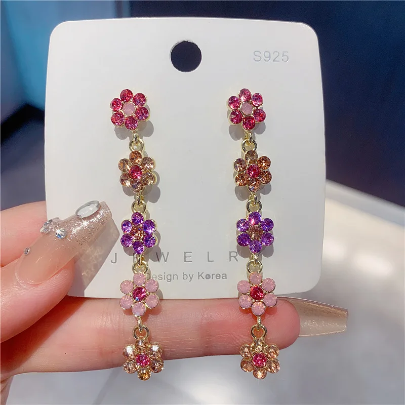 New Colorful Flower Rhinestone Long Earrings for Women Personality Fashion Summer Accessories Girly Party Jewelry Birthday Gift