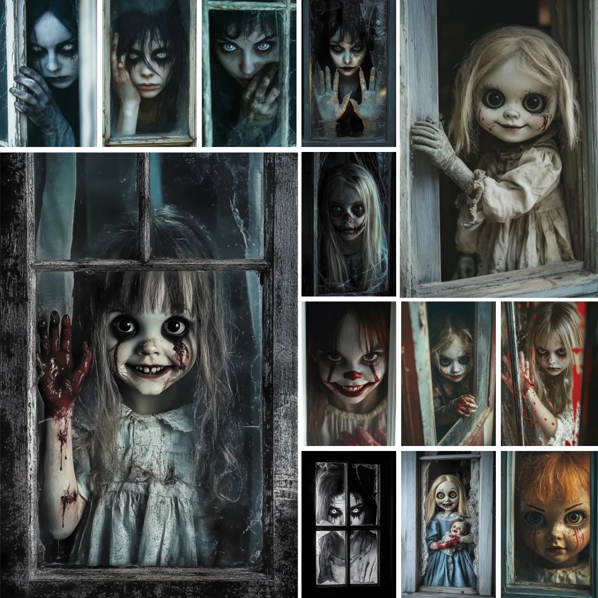 Fondo Fotográfico de Halloween, Ventana de Madera Rota, Terrorífica Muñeca Fantasma Zombie, Decoración para Fiesta de Halloween, Fondo para Fotos