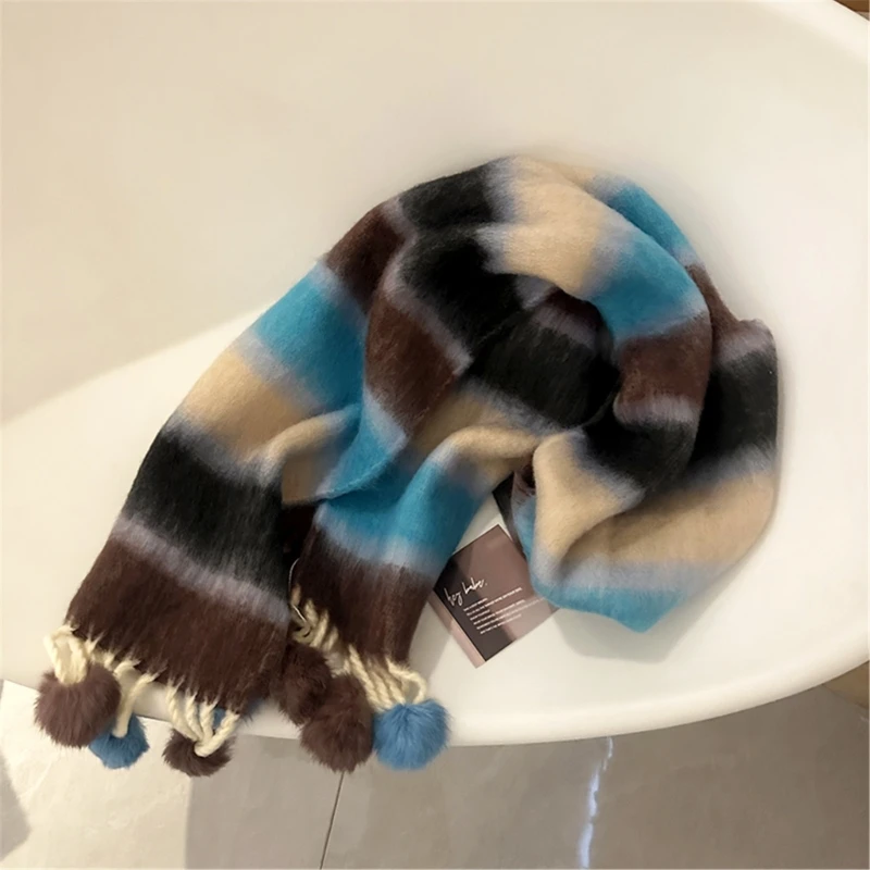 Winter Cashmere Like Rainbow Scarf Tassels Long Warm Shawl Women Casual Outfit Scarves Activity Dopamine Shawl Thickened Scarf