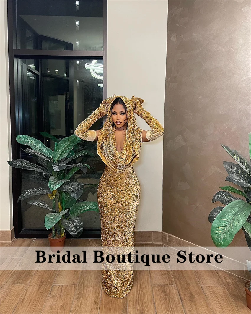 Gold Mermaid Prom Dresses 2025 With Cape Black Girls Evening Gown Wedding Party Birthday Gown With Gloves Customized