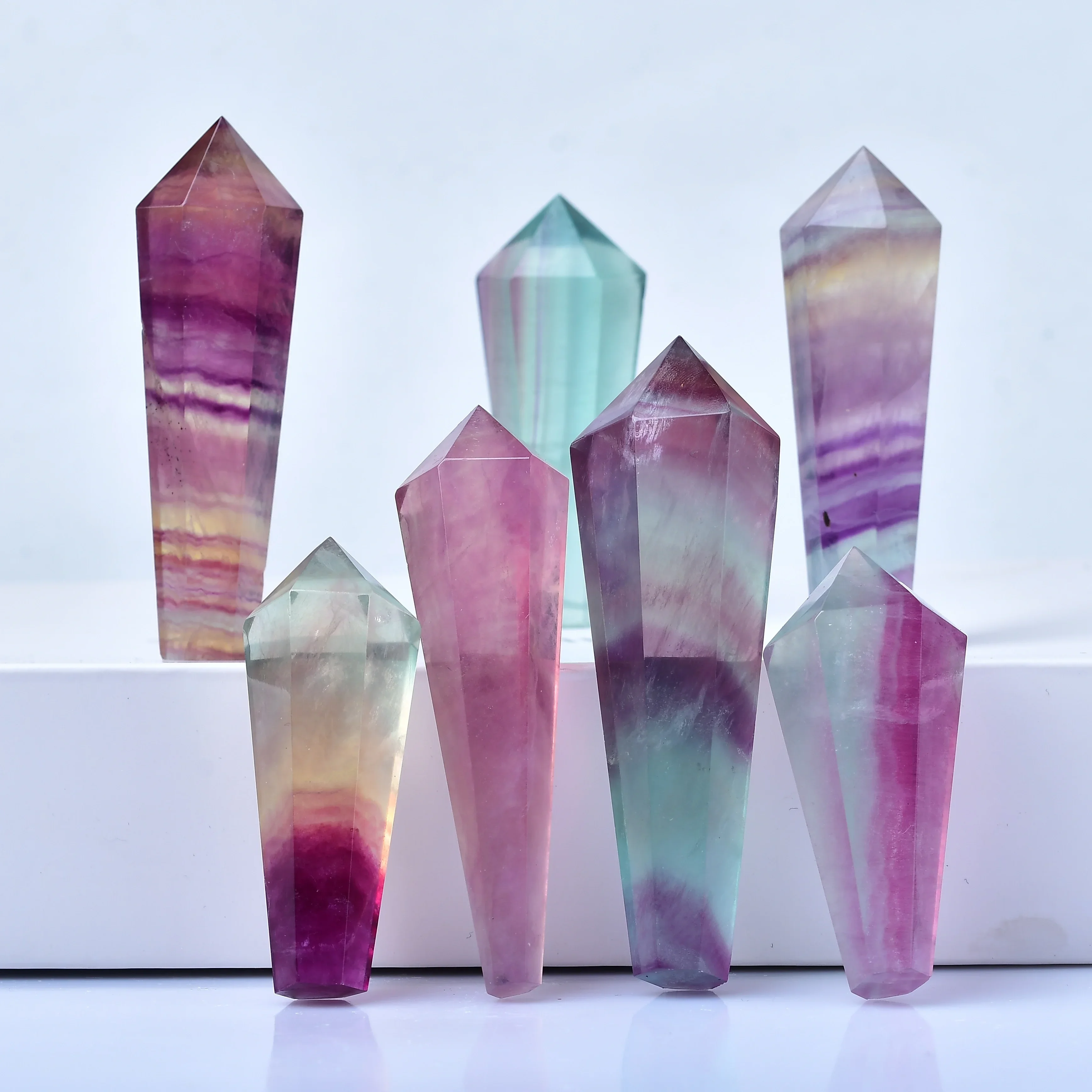 Natural Stone Colorful Fluorite Crystal Tower Home Decor Rock Wand Point Polished Quartz Obelisk Healing