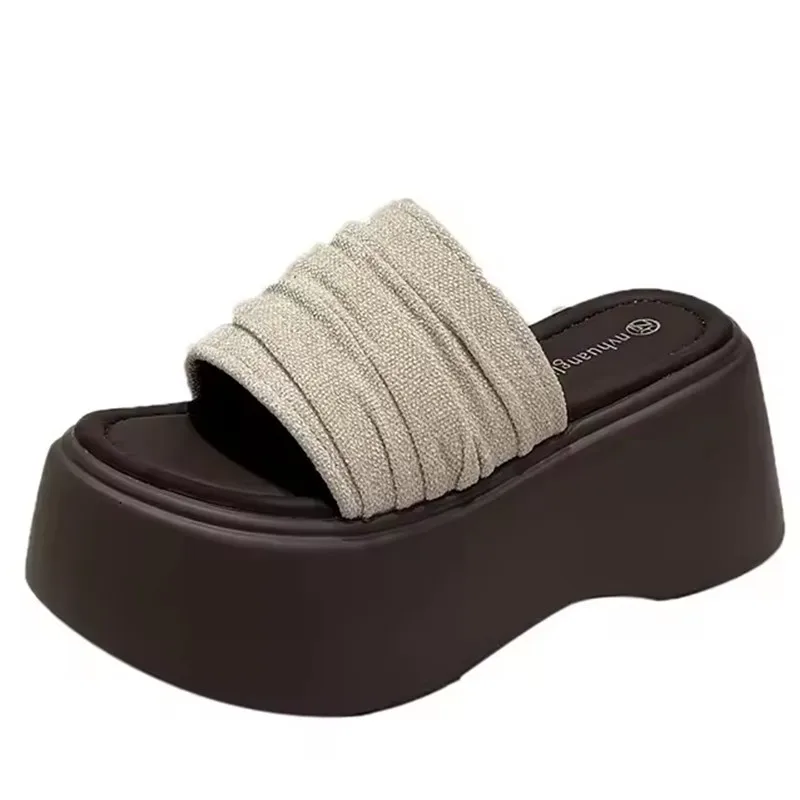 

8cm Summer New Women Fish Mouth Thick Solid Outerwear Casual Open Toe One Line Beach Sandals Slippers