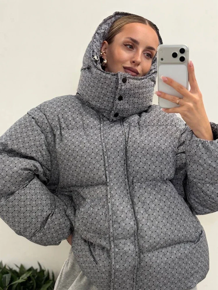 Print Hooded Puffer Jacket Zip Up Stand Collar Long Sleeve Loose Short Thick Coats 2026 Women Warm Winter Casual Outer Coat