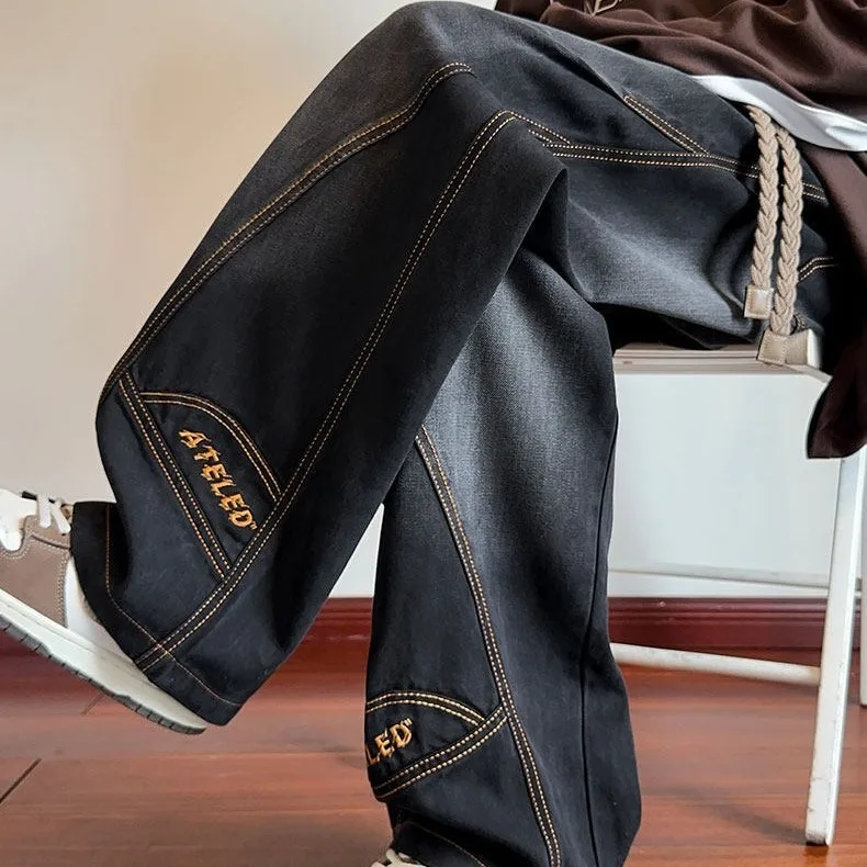 

Trendy Patchwork Embroidered Letter Jeans Men's Loose Straight Casual Long Pants American Retro Wide Leg Trousers