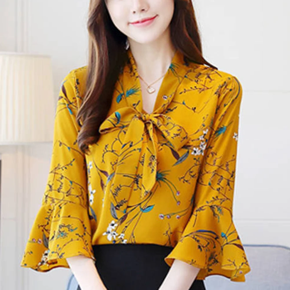 Women's Elegant Blouses Floral Printed Bow Chiffon Shirt Tops Spring Summer Three Quarter Flare-Sleeve Shirts & Blouses Fashion