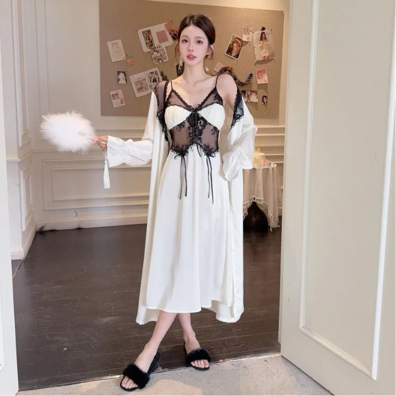 

2025 всесезонный женский комплект из 2 предметов с длинными рукавами, ночная рубашка с нагрудными подушечками, сексуальный халат из ледяного шелка, ажурная ночная рубашка, одежда для сна