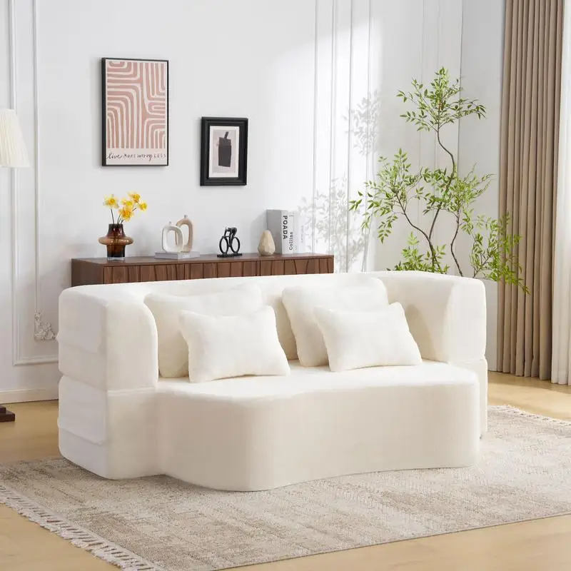 أريكة أرضية حديثة بحجم كوين أبيض مع 4 وسائد، أريكة فوتون من القماش القطيفة، مرتبة إسفنجية عالية الكثافة لغرفة المعيشة والضيوف #1