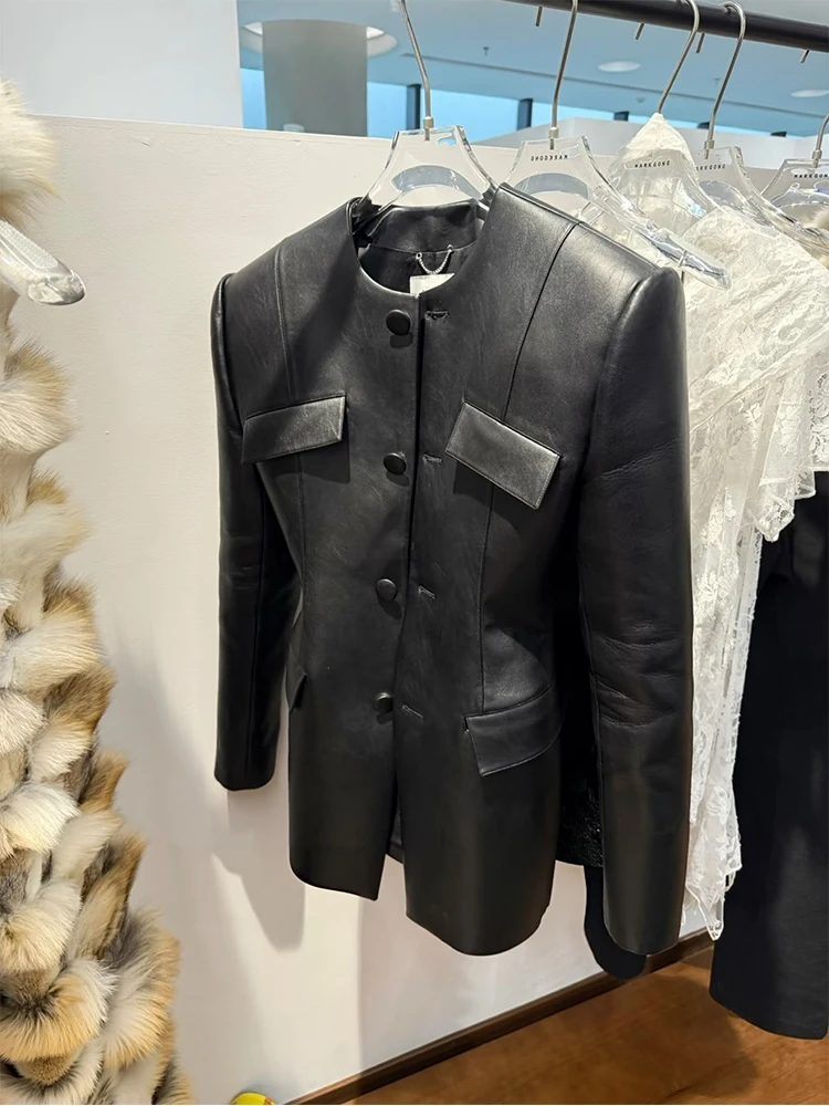 

Korean Sle Sweet Cool Bla round Ne Leather Jaet Women's Autumn Winter New High Waist Cuirass Top Trendy Faion