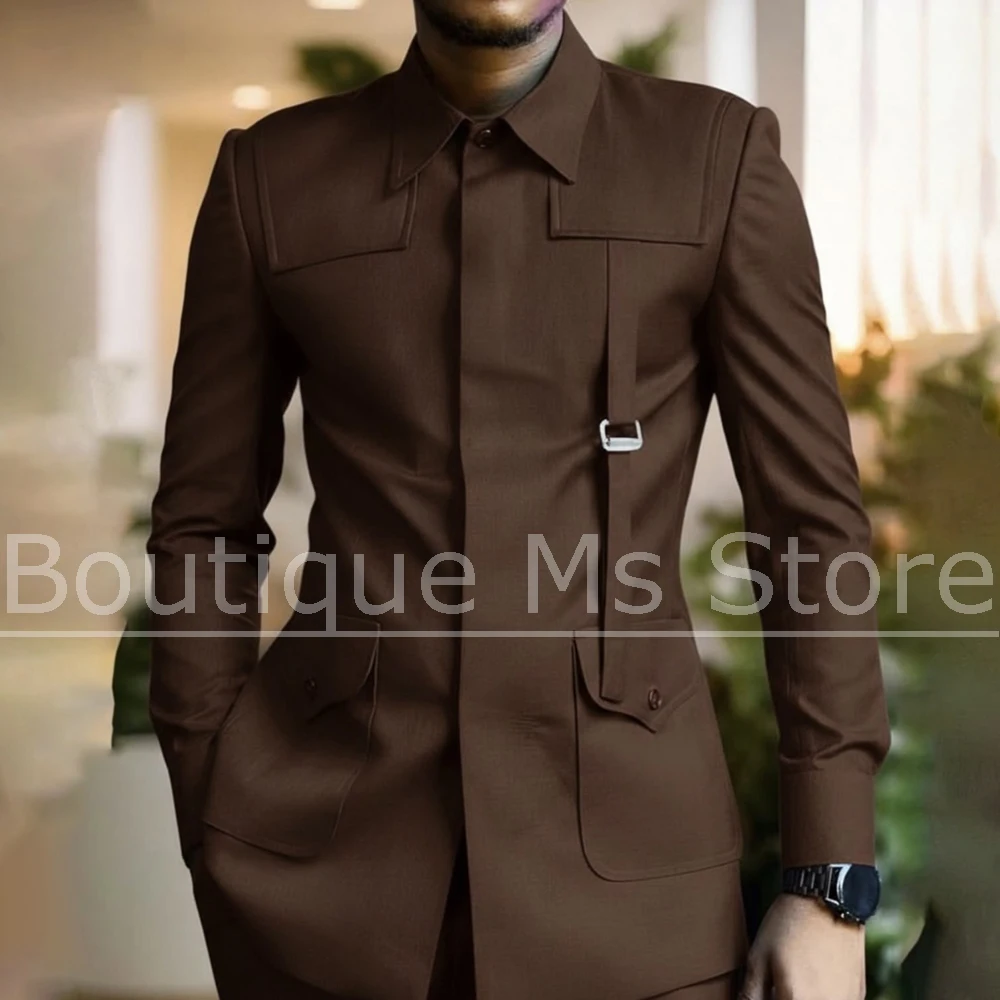 Men's Formal Suit with Unique Buckle Strap Design Outfit 2 Piece Chic Business Casual Wedding Party Tuxedo Blazer and Pants