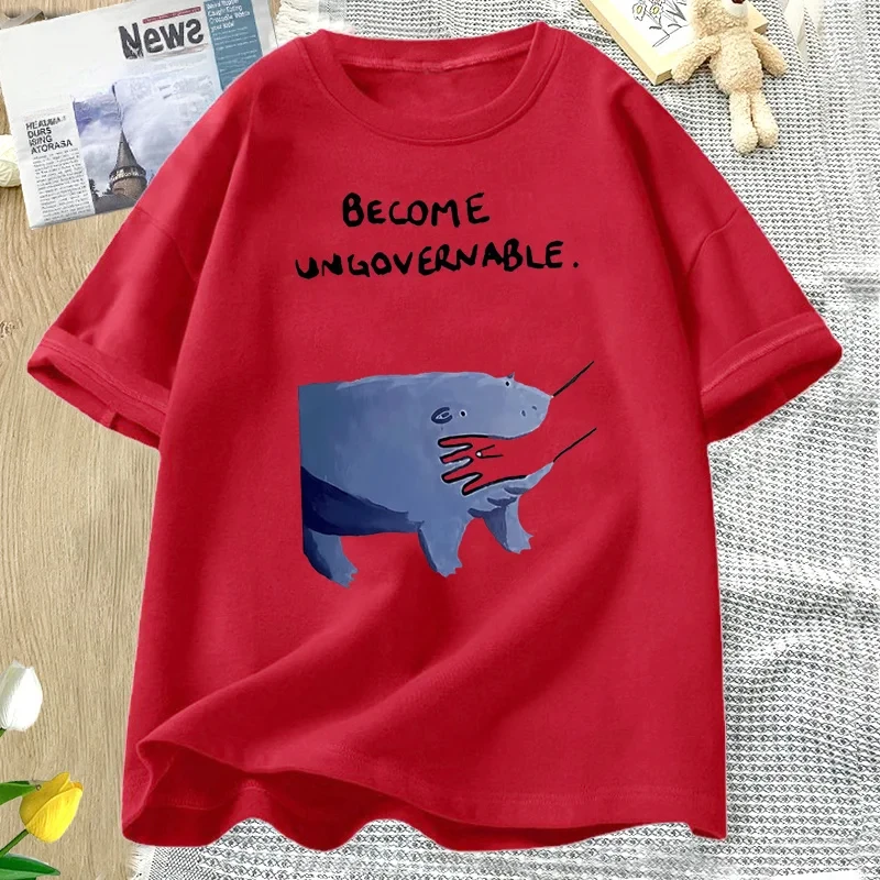 تصبح فرس النهر غير القابل للانفصال تي شيرت مو دنغ تصميم مضحك الحيوان الجرافيك المحملة المتمردين ميمي الفكاهة تي شيرت قصير الأكمام