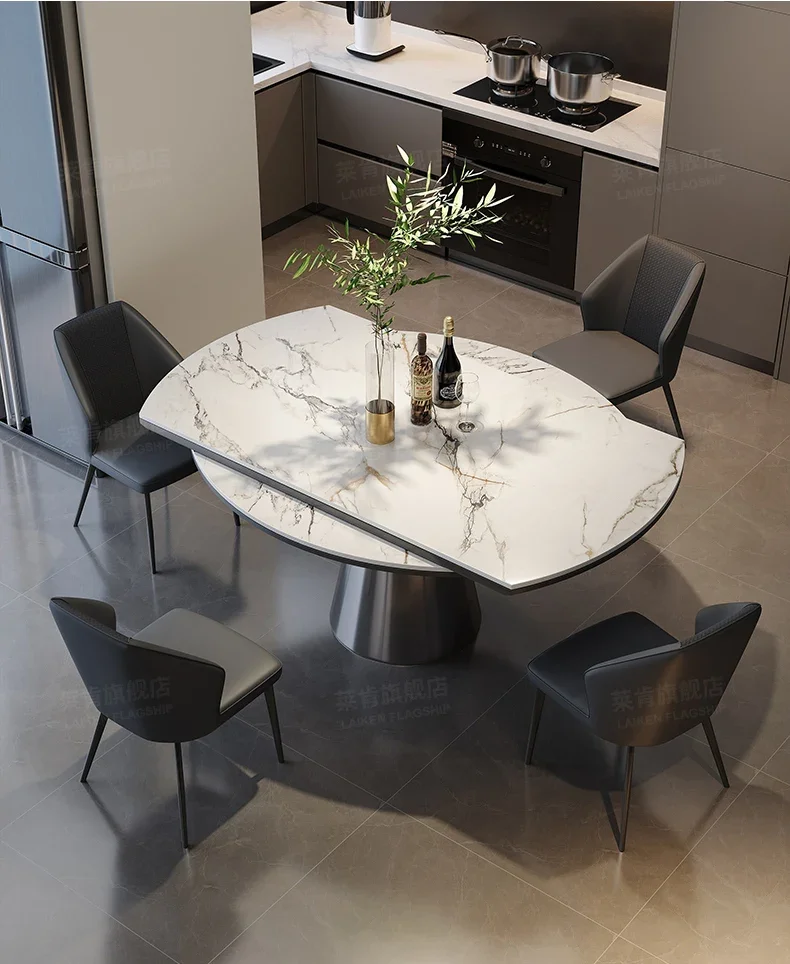 Light luxury modern retractable function square and round dual-purpose rotatable dining table