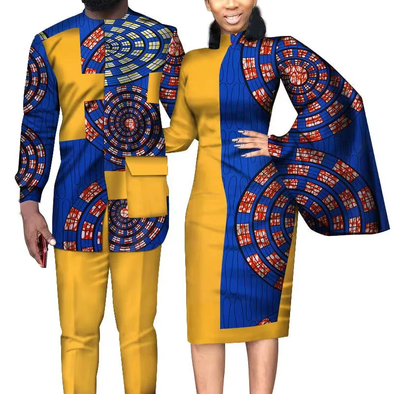 New African Clothes for Couples Bazin Riche African Print Dresses Groom Wedding Tuxedos 2 Pieces Sets Couple Male Prom Blazer