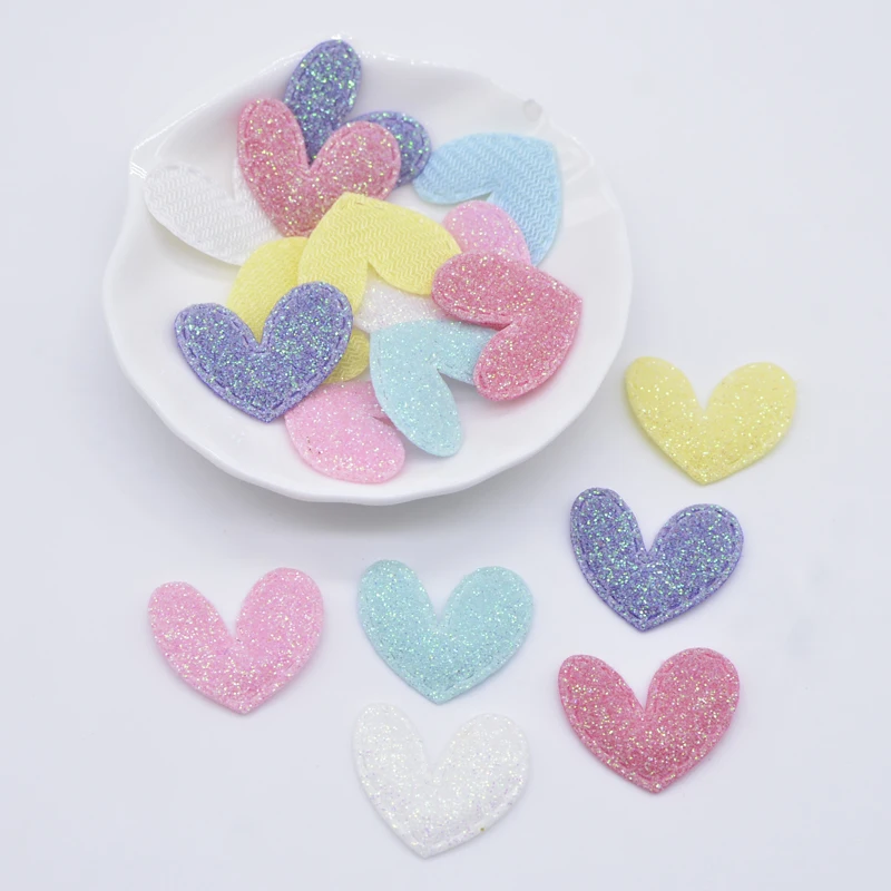 100Pcs 25*20mm Bling Heart Padded Glitter Fabric Appliques for DIY Headwear Bow Decor Accessories Crafts Clothes Sewing Patches