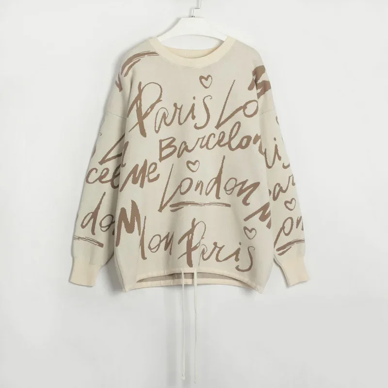 Letter Printed Pink Sweater For Women 2024 O-Neck Long Sleeve Knitted Sweatshirt Autumn Winter Pullover Jumper