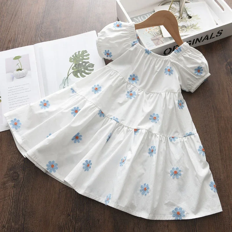 Summer New White Square Neck Bubble Sleeves Daisy Print Princess Dress Girls' Casual Clothes Sweet and Cute Korean Version