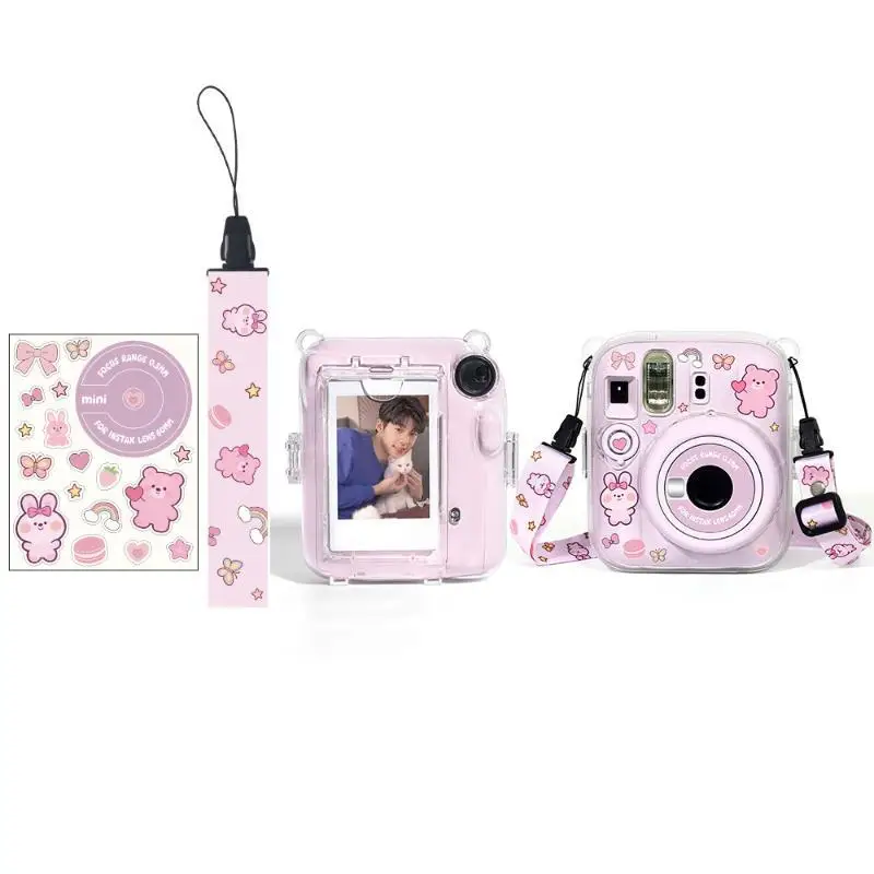 Transparent Crystal Protective Shell for Instax Mini 13, Cute Bear or Rabbit Style, Equipped with Lanyard and Stickers