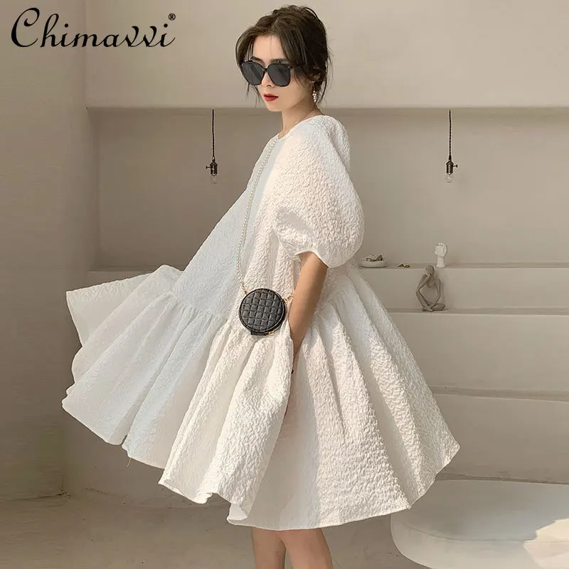 

2024 Summer Clothes New French White Elegant Dress Female Korean Fashion Loose Puffy Wide-Hem Fairy Oversize Short Dresses