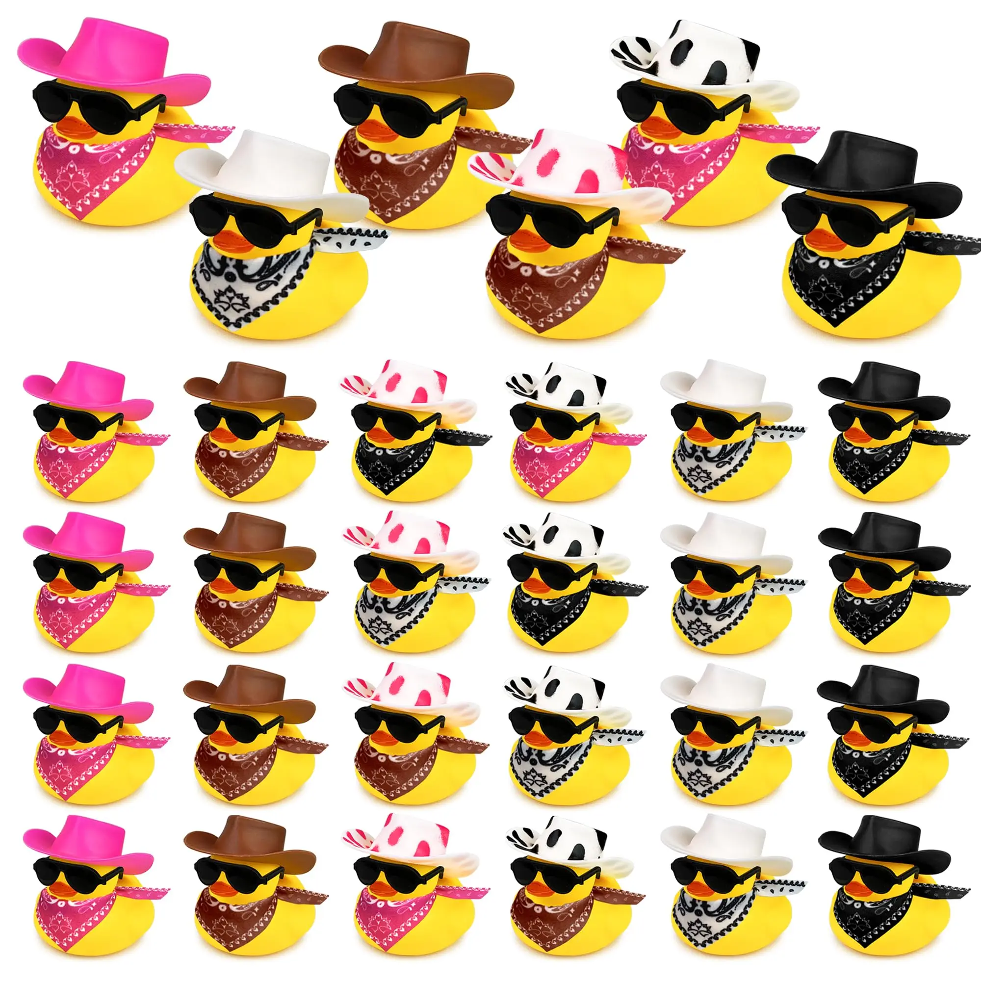 24 Sets Disco Cowboy Rubber Ducks with Scarf Hat and Sunglasses Mini Bath Duck Toys for Birthday Swimming Party Gift Favor Decor