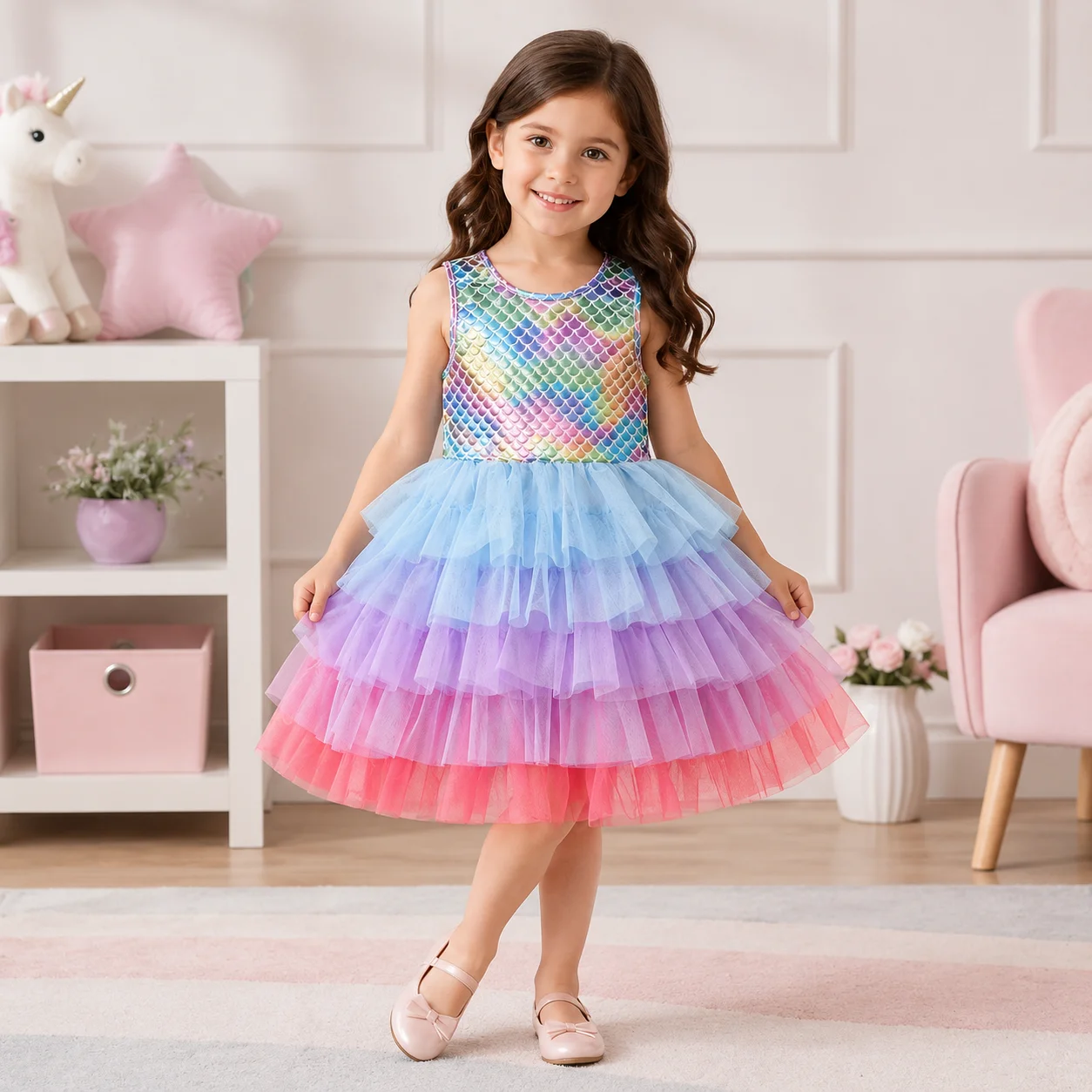 Kids Rainbow Mermaid Tutu Dress Sleeveless Sequin Layer Tulle Princess Birthday Party Costume Dress