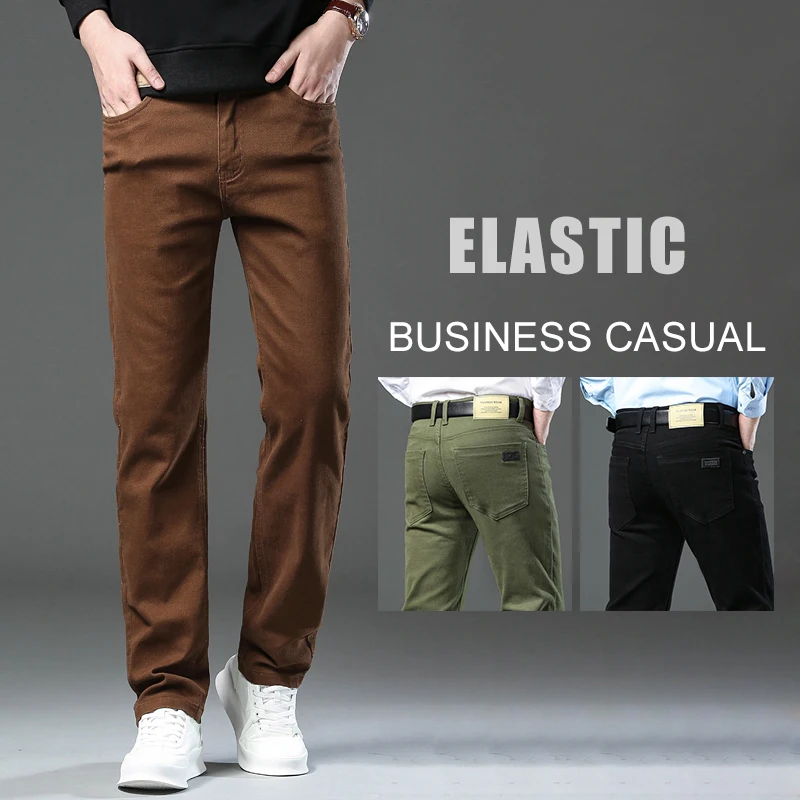 3 Colors Spring Autumn New Men\'s Denim Jeans Fashion Brown Business Casual Stretch Denim Pants Male Brand Trousers Plus Size