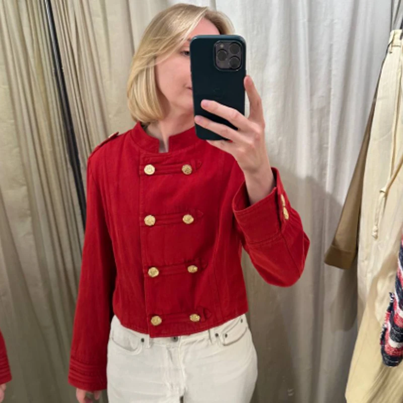 HXAO Rote Cropped-Jacke für Damen, Demi-Season 2026, elegante O-Ausschnitt-Jacke mit Doppelreihenknöpfen und langen Ärmeln, schicke Militär-Oberbekleidung – Detail 12
