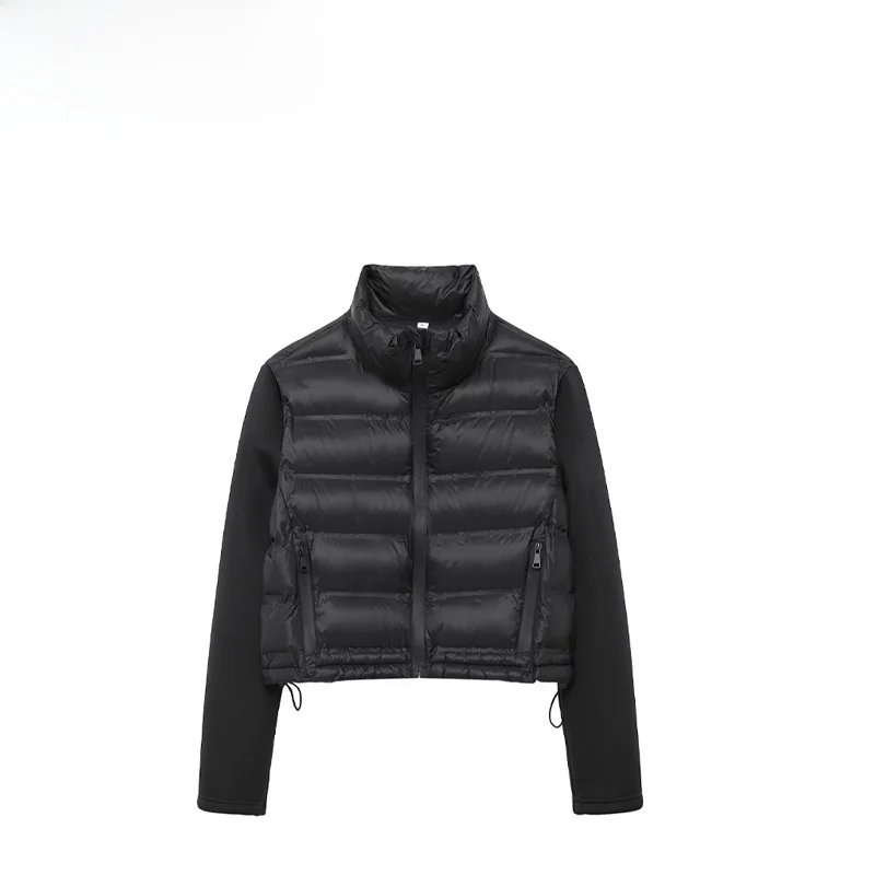

ZBZA Faionable Bla Spliced Cotton Jaet Women's Outerwear High Collar Polyester Fiber Versatile Sle Autumn New Arrival