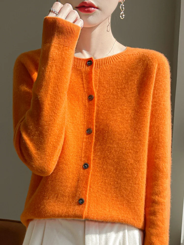 ADDONEE-cárdigan de cuello redondo para mujer, suéter de punto de lana merina 100%, manga larga, ropa informal básica, Top Popular Coreano, nueva