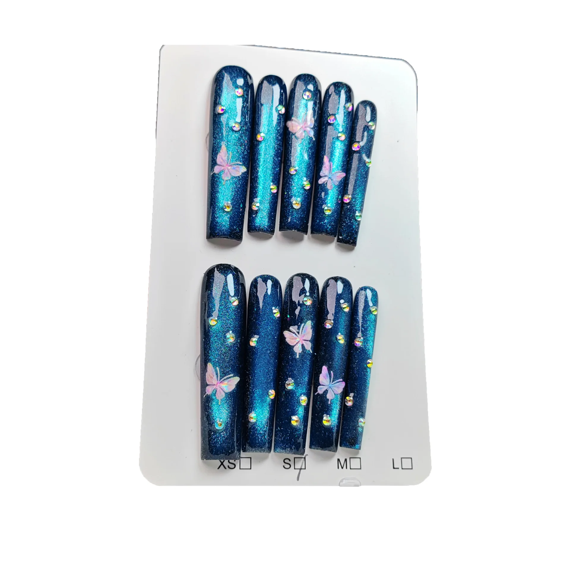 NEW 10Pcs Handmade Blue butterfly False Nails Extra Long Coffin Press on Nails Rhinestone Fake Nails Party Drama Finger Nails