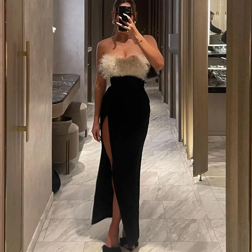 Women Formal Attire Strapless Dress Elegant Off Shoulder Maxi Dress with Faux Fur Detailing for Women Cocktail Party Prom Gown