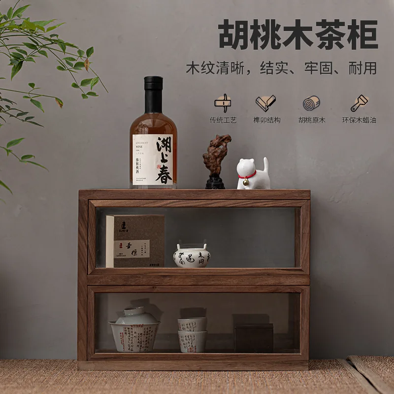 Walnut Single Push Tea Cabinet Solid Wood Glass Tea Cabinet Tea Set Storage Cabinet Storage Rack Kung Fu Tea Set Accessories