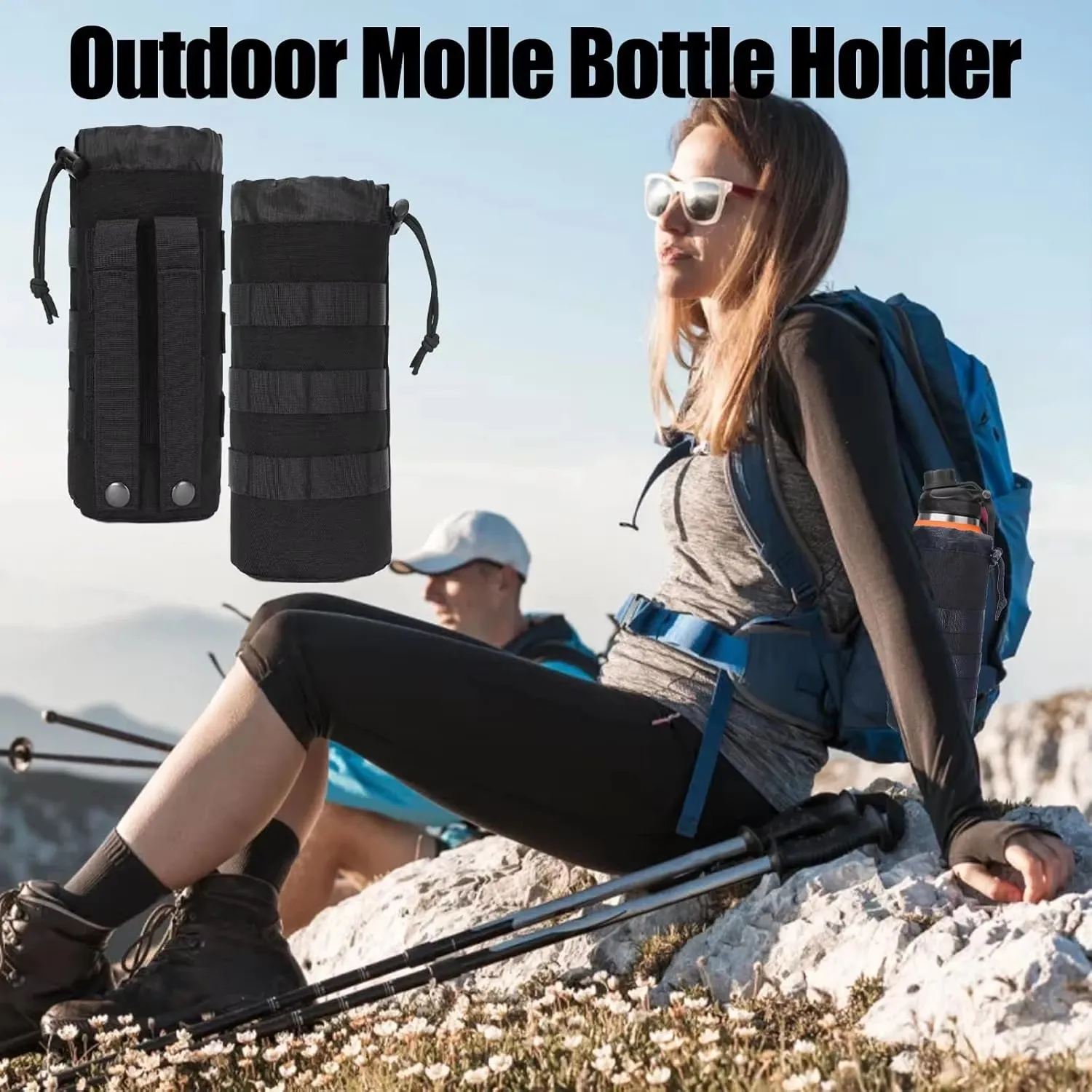 Upgraded Sports Water Bottles Pouch Bag, Tactical Drawstring Molle Water Bottle Holder, Travel Mesh Water Bottle Bag
