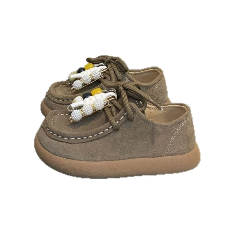 

Детская повседневная кожаная обувь для девочек, новые осенние детские замшевые туфли принцессы для малышей, нескользящие туфли на плоской подошве с неглубоким носком и кристаллами