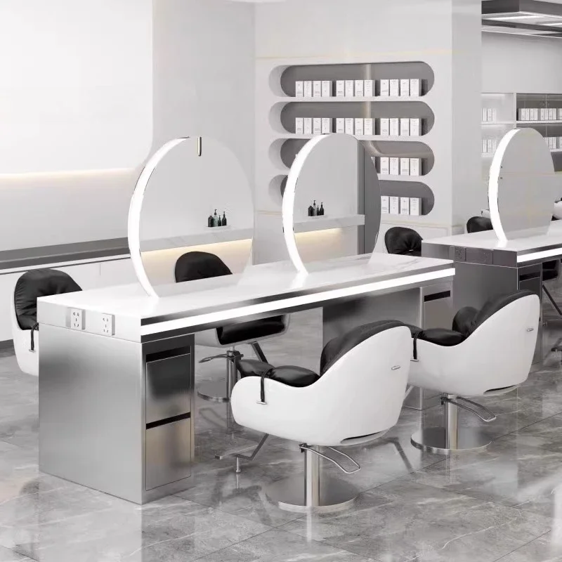 Hair Salon Special Double-sided Four-sided Marble Hair Salon Mirror with Cabinet Perm and Dyeing Table Does Not Include Chairs