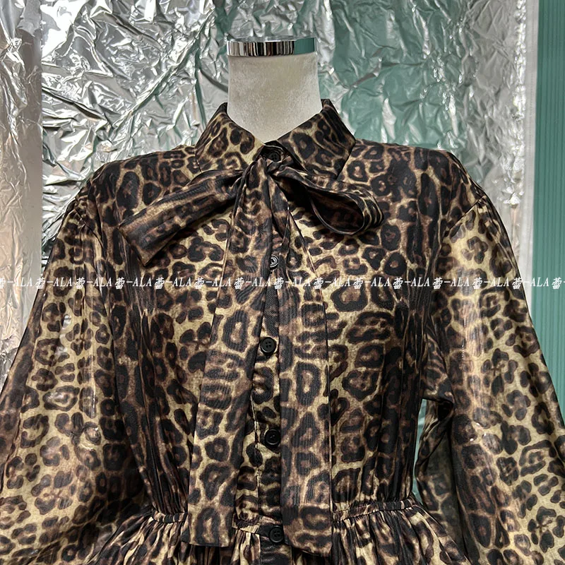 Primavera popolare retrò classico modello leopardo monopetto manica lanterna camicia a strati vestito gonfio Cinched abito corto femminile