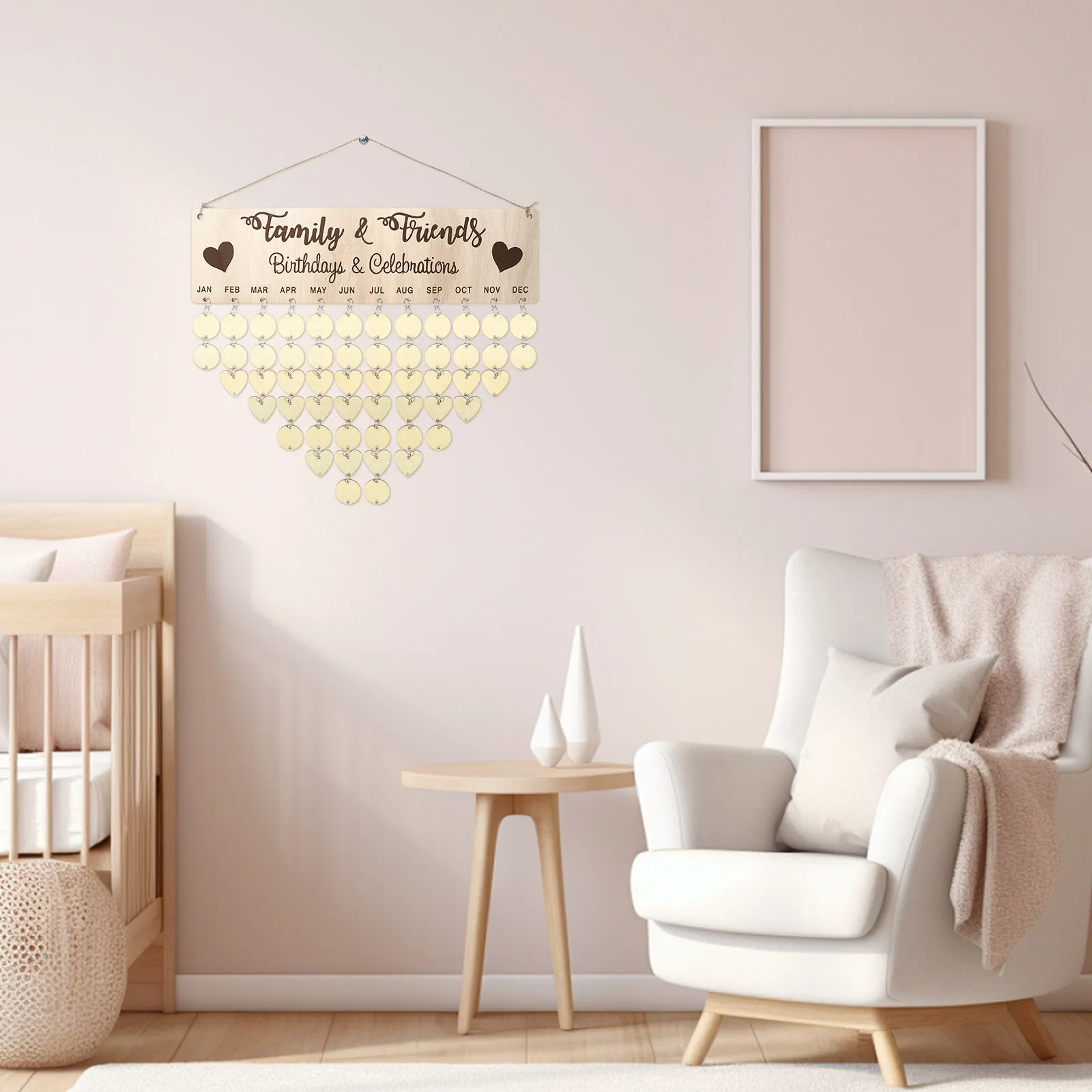 

1Set Wooden Hanging Calendar DIY Reminder Board with 50 Heart 50 Round Plaques Home Decoration Organizer for Relatives Friends