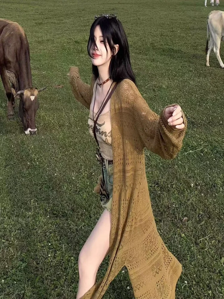 سترة نسائية محبوكة مفتوحة من Travel Sle مجوفة طويلة Sve V-Ne متوسطة الطول فضفاضة تناسب ملابس خارجية عصرية للعطلات... #5