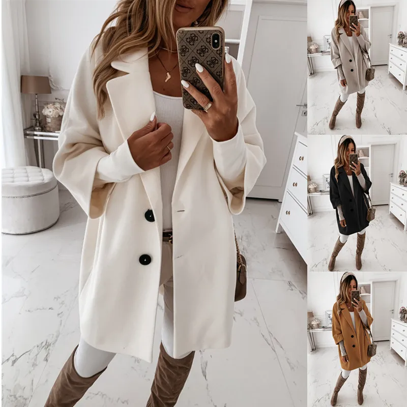 Autumn And Winter Seven-quarter Sleeves Button Lapel Pocket Woolen Coat Women