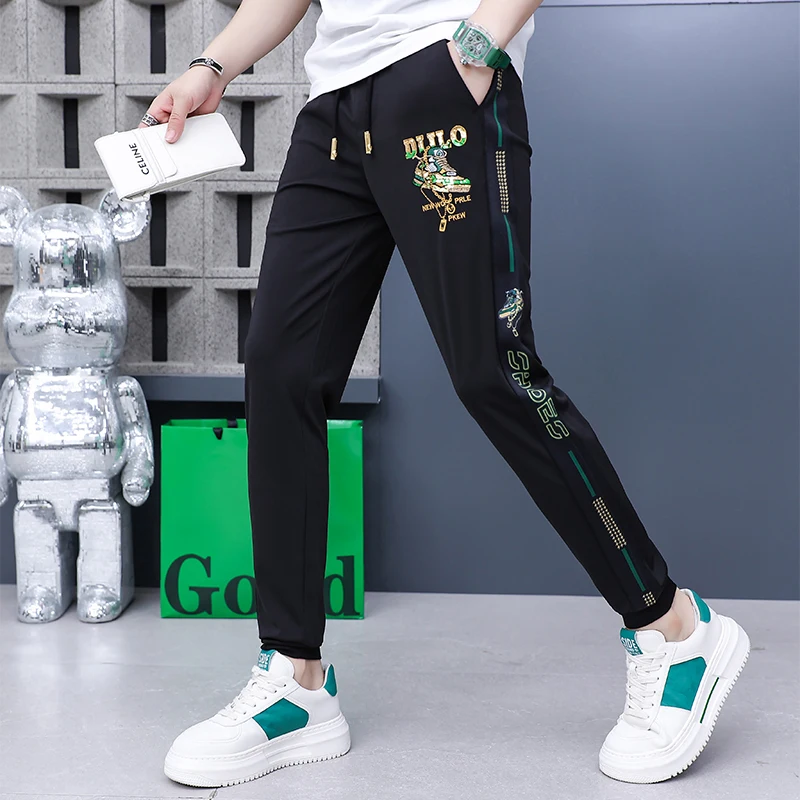 Luxury Summer Print Men\'s Ice Silk Trousers Mid-Waist Loose Breathable Straight-Leg Casual Pants Thin Quick-Drying Pants