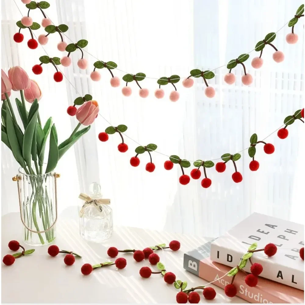 Cherry Ball Garland Fairy String Wall Hanging Tapestry Room Decor Kids Girls Home Decoration Gift Christmas Decor Outdoor Garden