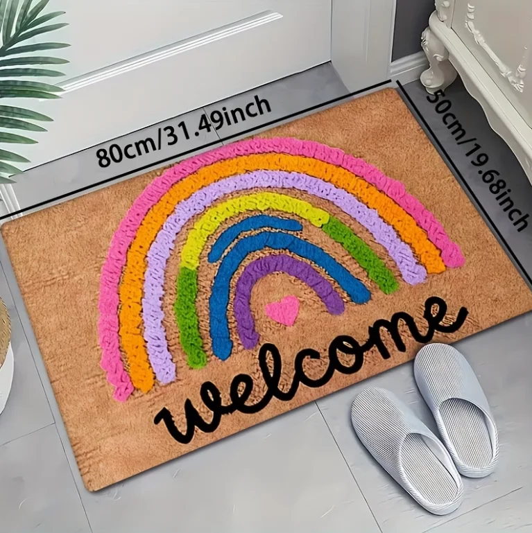 Rainbow Heart Welcome Mat - Cat Design Entrance Rug, Home Decor for Living Room Bedroom Entryway Hallway