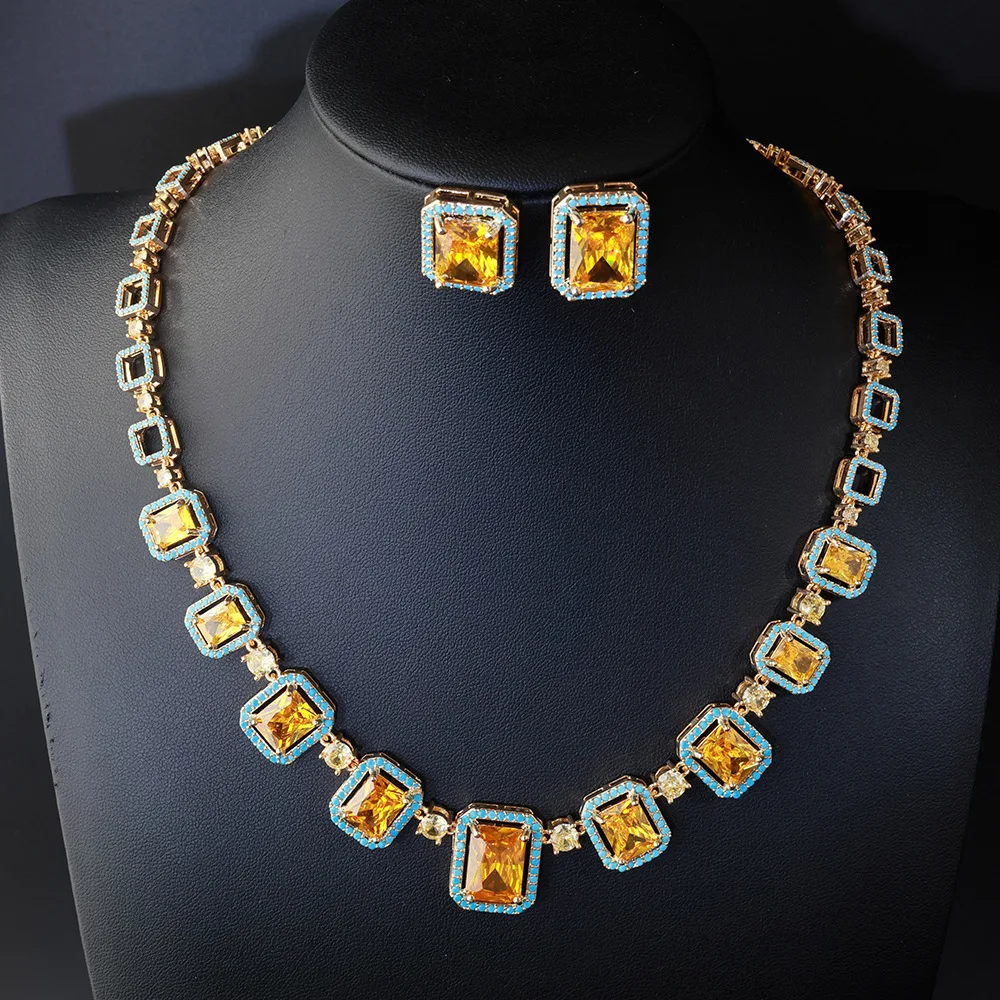 New Luxury Elegant Set Shiny Yellow Necklace Stud Earrings Women's Jewelry for Everyday Wedding Travel Gift M-1058
