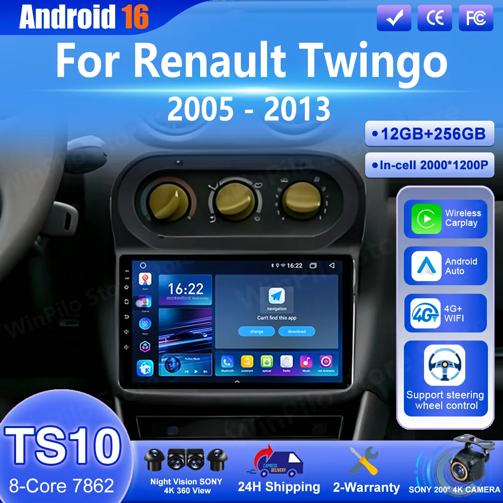 Android 16 Carplay para Renault Twingo 2005 - 2013 Reprodutor de Vídeo Multimídia Automotivo com Carplay Sem Fio, Rádio, Navegação GPS, WIFI e DSP