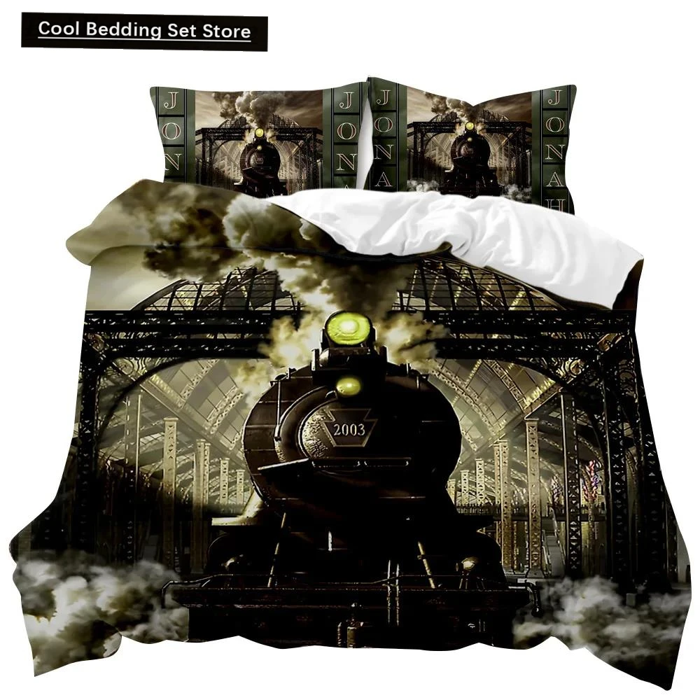 Steam Train Duvet Cover Digital Illustration of A Locomotive Train on A Steel Railway Track Adventure Art Polyester Qulit Cover