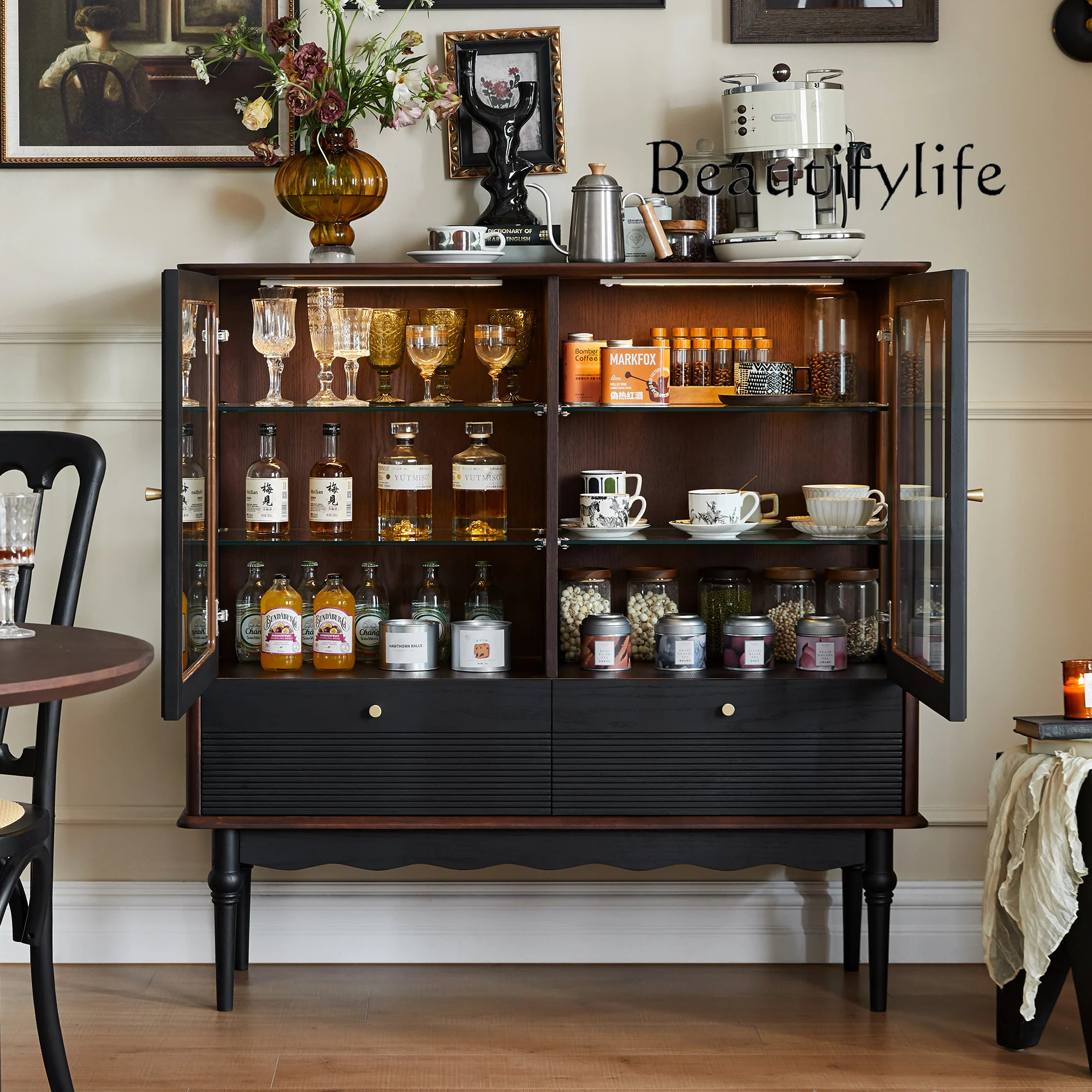 

solid wood dining side cabinet French retro black high-end locker living room against the wall high side cabinet wine cabinet