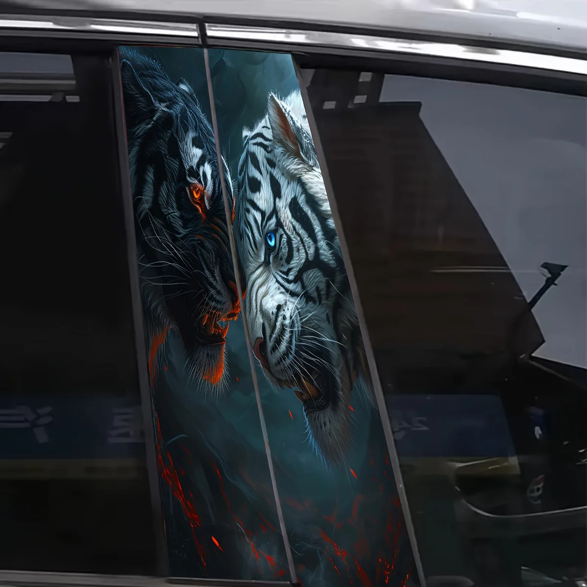 2-Piece Tiger Beast Mythical Bio Car B-Column Vinyl Decal Self-Adhesive Waterproof Scratch Car Decoration Animal Printed Sticker