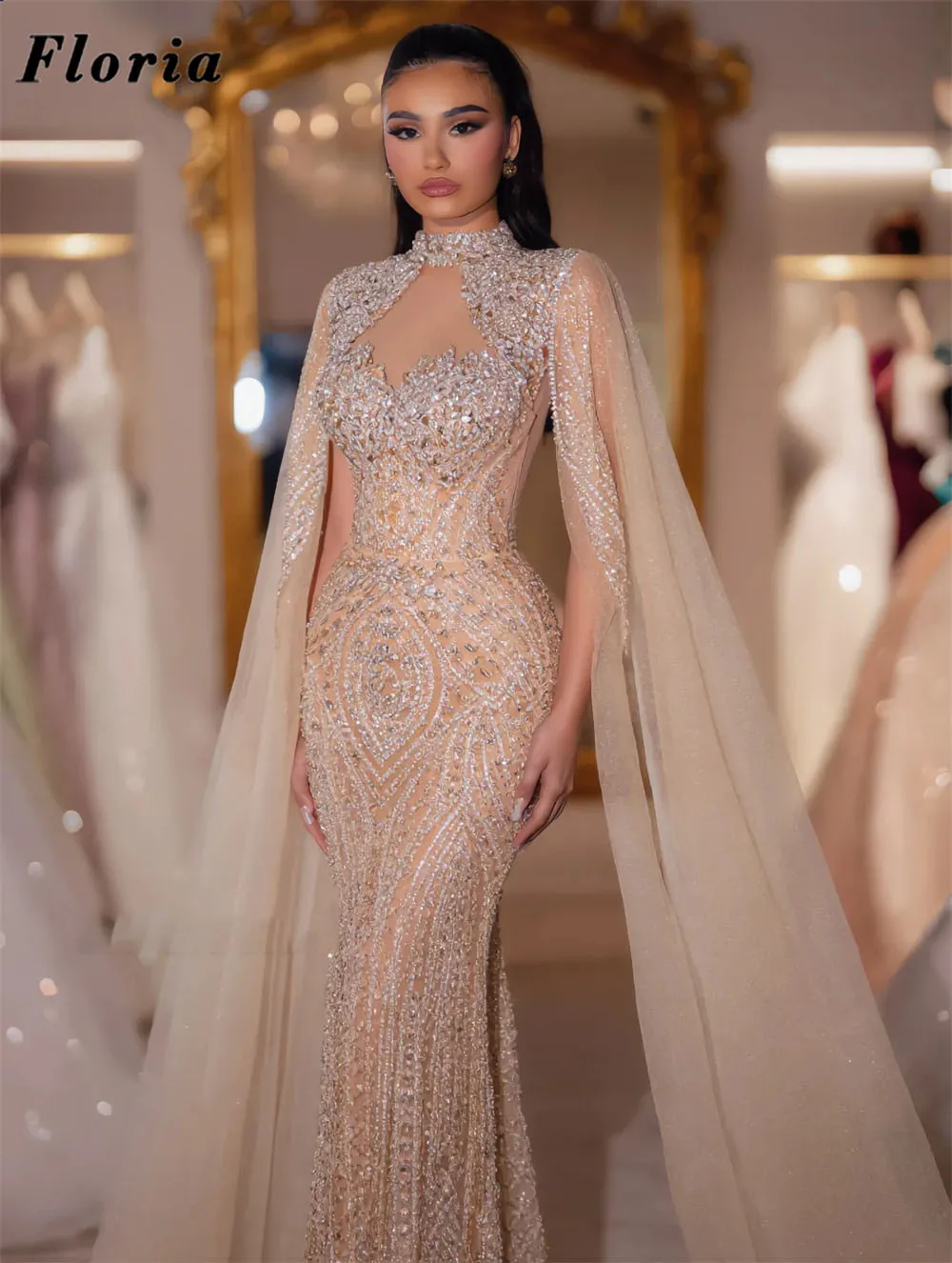 

Vintage Champagne Evening Dresses With Cape Sleeves Customized Mermaid Long Wedding Party Dress Vestido De Noite Cocktail Gowns