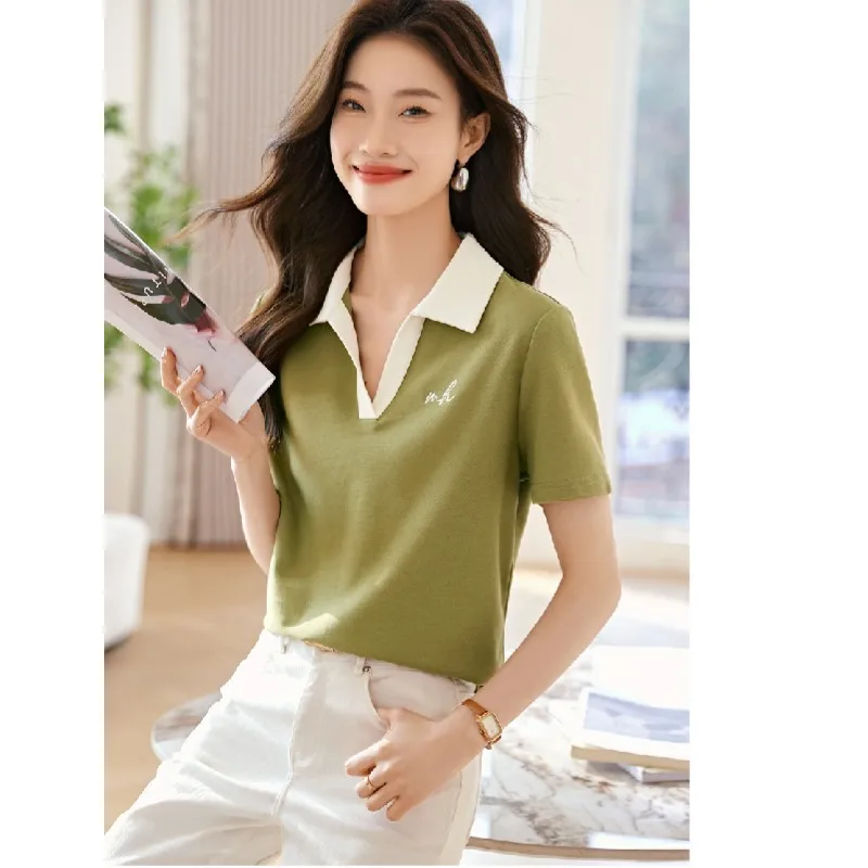 2025 verão feminino manga curta cor contrastante camiseta nova camisa polo solta e versátil